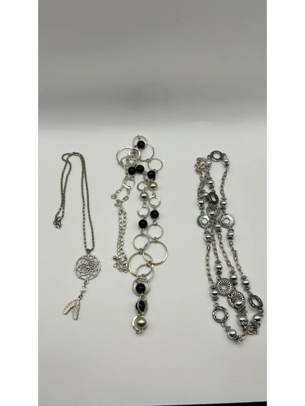 Set Of 3 Silver-Tone Necklaces With Dreamcatcher Beaded Rings & Ornamental Desig